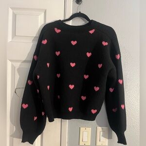 SHEIN Black and Pink Crew Neck Sweater with Heart Pattern